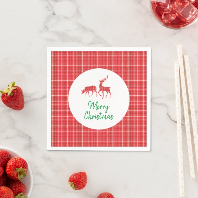 Reindeer Merry Christmas Red White Twill Plaid Napkin (Insitu)
