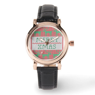 Reindeer Merry Xmas Red and Green Pattern Watch