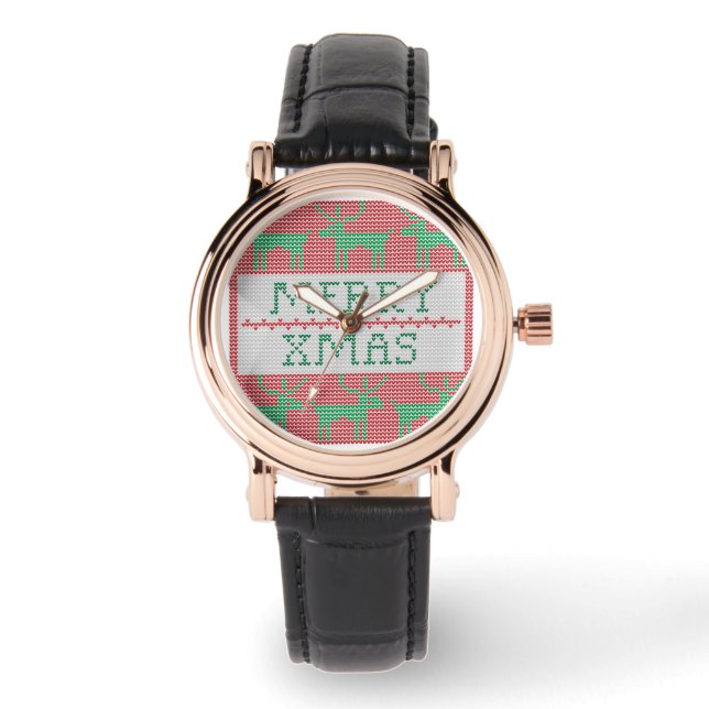 Reindeer Merry Xmas Red and Green Pattern Watch (Front)