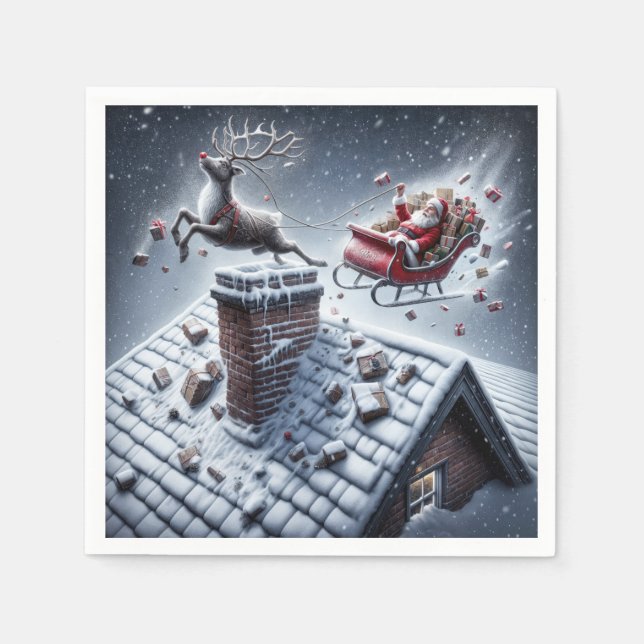 Reindeer Mishap On a Snowy Roof Napkin (Front)