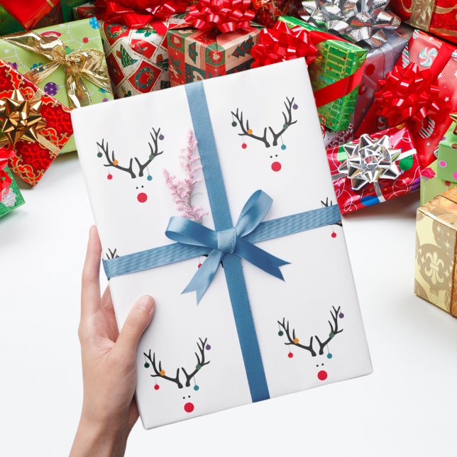Reindeer modern funny white red wrapping paper (Creator Uploaded)