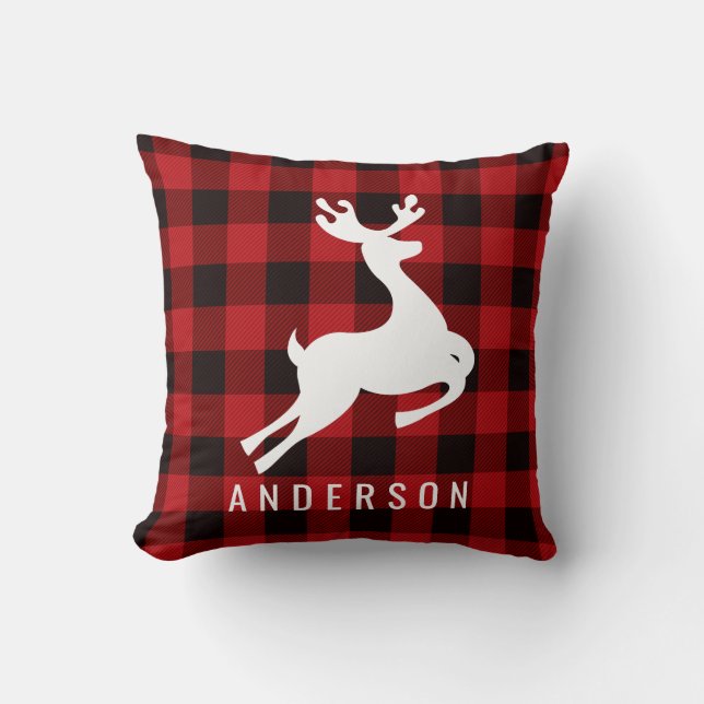 Reindeer Monogram | Deep Red Buffalo Plaid Cushion (Front)