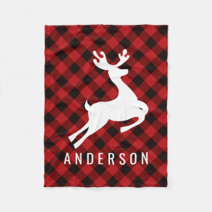 Reindeer Monogram   Deep Red Buffalo Plaid Fleece Blanket