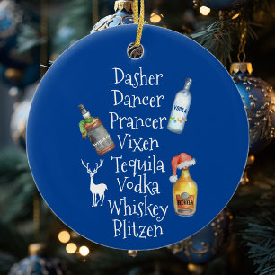 Reindeer names Alcohol Tequila Vodka Christmas Ceramic Tree Decoration