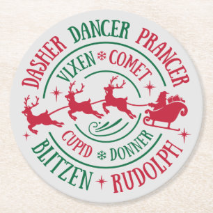 Reindeer Names Round Word Art Paper Coaster