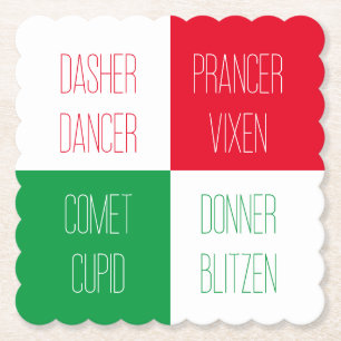 REINDEER NAMES Scalloped Square Paper Coasters 