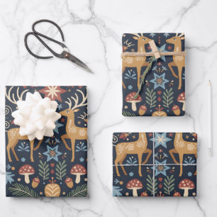Reindeer Nordic Woodland Pattern Dark Christmas Wrapping Paper Sheet