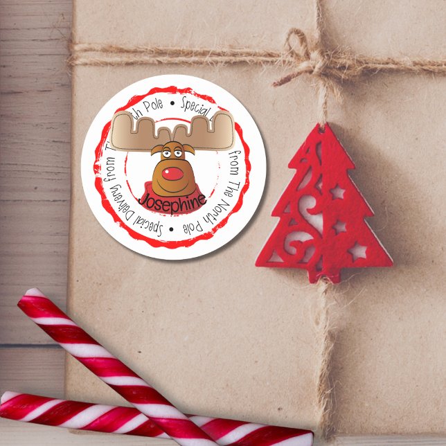 Reindeer North Pole Rudolph Special Delivery  Classic Round Sticker (Creator Uploaded)