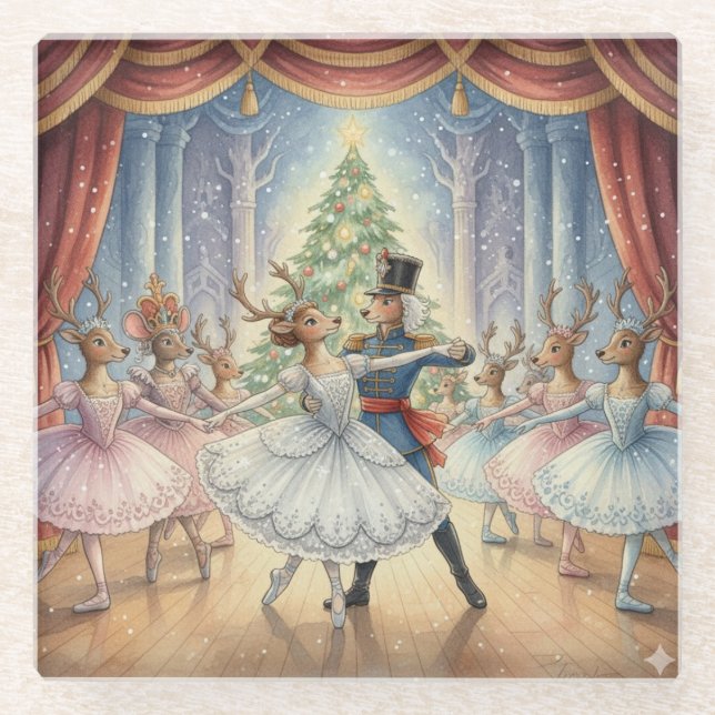 Reindeer Nutcracker Ballet, Glass Coaster (Front)