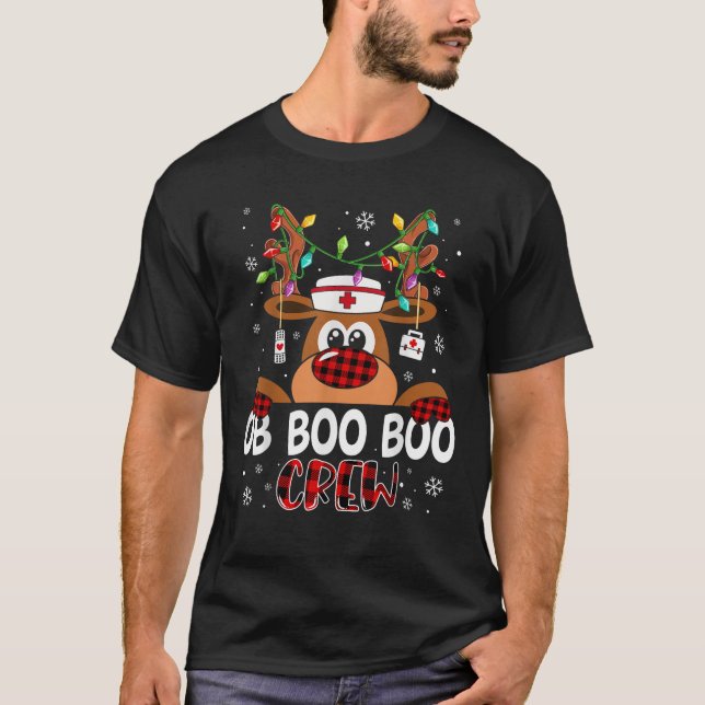 Reindeer OB Nurse Boo Crew Christmas Buffalo Plaid T-Shirt (Front)