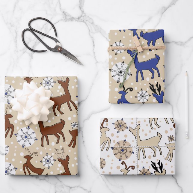 Reindeer On Blue and Brown Wrapping Paper Sheet (Front)