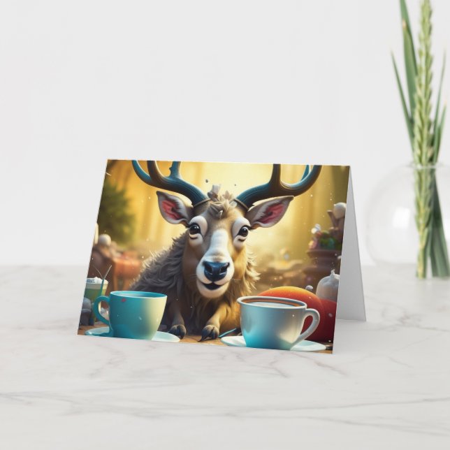 Reindeer on Coffee Ready to Ride Christmas Card (Front)