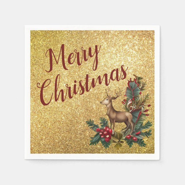 Reindeer on gold glitter Cocktail Paper Napkin (Front)