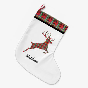 Reindeer on Red and Green Tartan Christmas Plaid Large Christmas Stocking