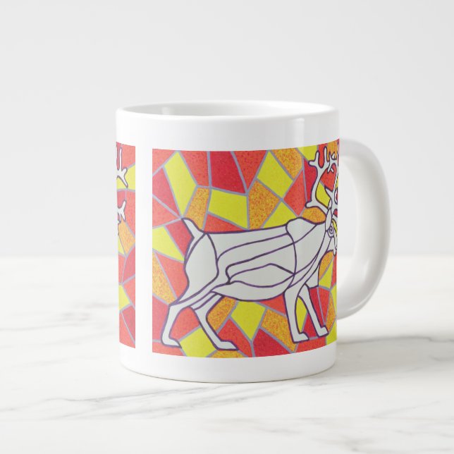 Reindeer on Stained Glass Large Coffee Mug (Front Right)