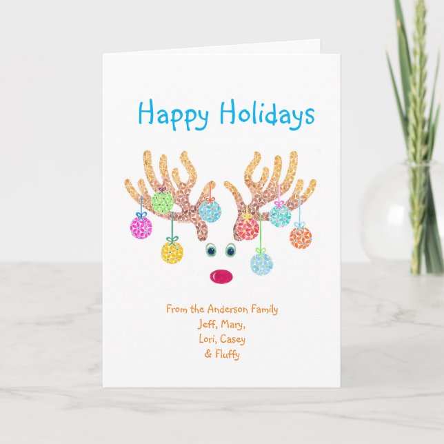 Reindeer & Ornaments customisable Christmas Card (Front)