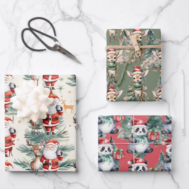 Reindeer, Panda Bear for Christmas Wrapping Paper Sheet (Front)
