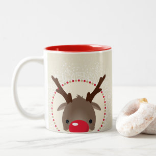 REINDEER PEEKING cute red nose rudolph ivory gold Two-Tone Coffee Mug