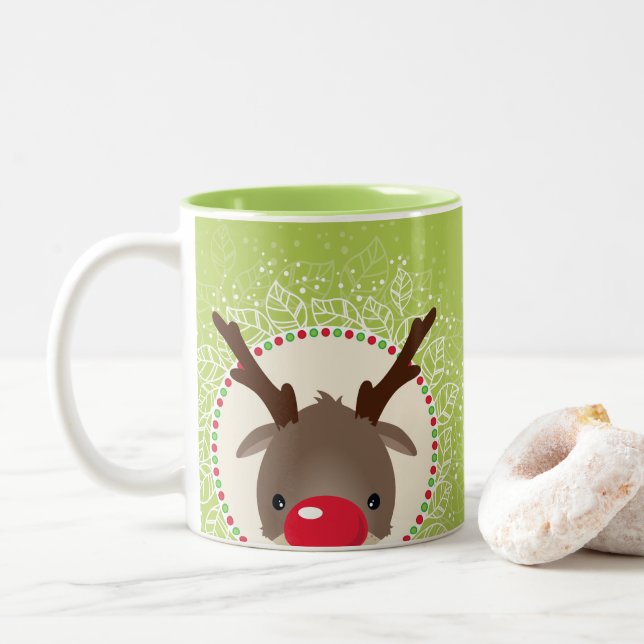 REINDEER PEEKING cute red nose rudolph lime green Two-Tone Coffee Mug (With Donut)