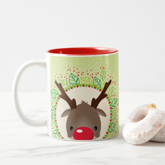 REINDEER PEEKING cute red nose rudolph lime green Two-Tone Coffee Mug (With Donut)