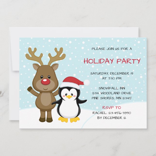 Reindeer Penguin Christmas Holiday Party Card (Front)