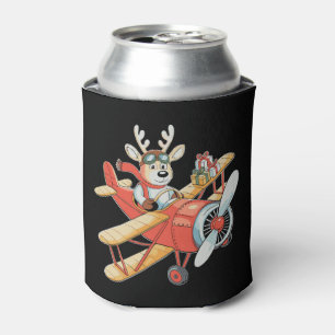 Reindeer Pilot Christmas Aviator Flying Plane Xmas Can Cooler