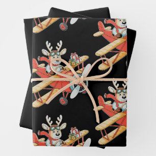 Reindeer Pilot Christmas Aviator Flying Plane Xmas Wrapping Paper Sheet