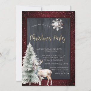 Reindeer Pine Tree Red Glitter Christmas Invitation