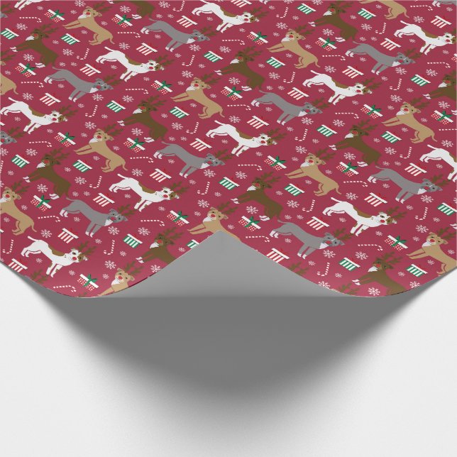 Reindeer Pitbull Dogs Christmas holiday Wrapping Paper (Corner)