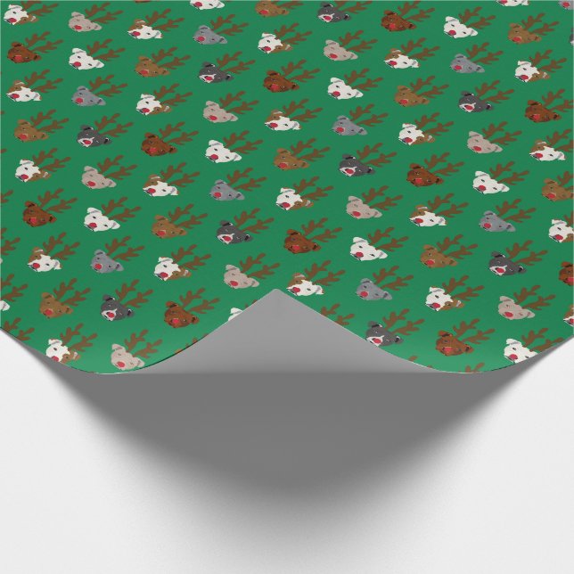 Reindeer Pitbull Faces Christmas Holiday Wrapping Paper (Corner)
