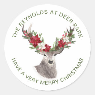 Reindeer, Poinsettia Christmas Classic Round Sticker