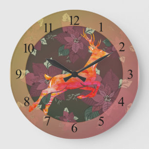 Reindeer Poinsettia Holiday Large Clock
