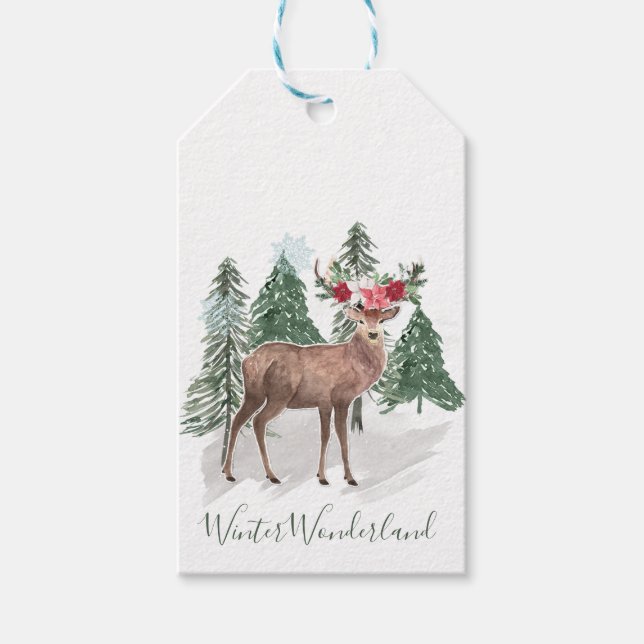 Reindeer, Poinsettias, pine Christmas Gift Tags (Front)
