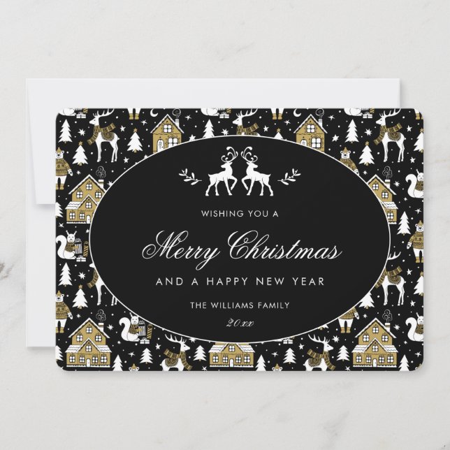 Reindeer Polar Bears Squirrels Houses Trees Holiday Card (Front)