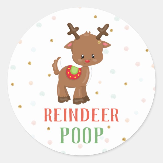 Reindeer Poop Christmas Favours Round Stickers (Front)