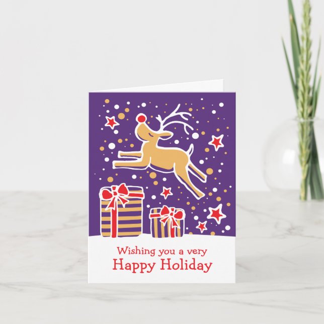 Reindeer prancing gifts purple Christmas card (Front)