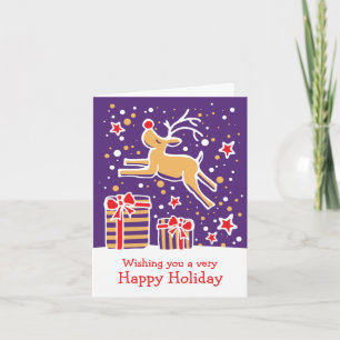 Reindeer prancing gifts purple Christmas card