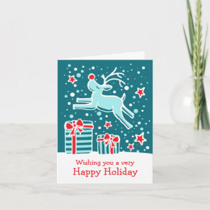 Reindeer prancing gifts teal green Christmas card