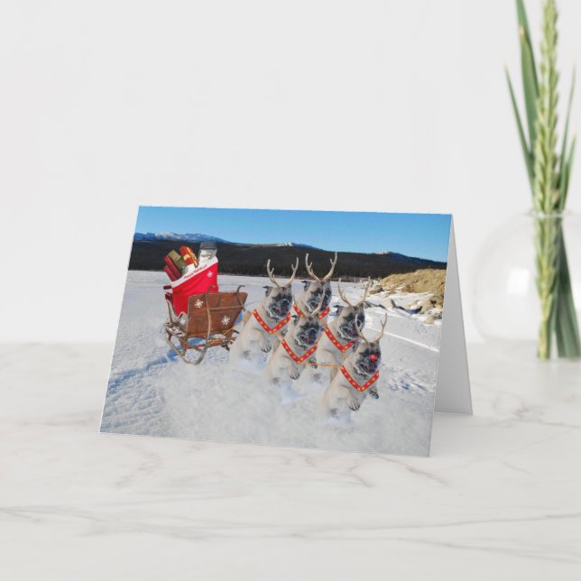 Reindeer Pugs Pulling a Sleigh of Toys Card (Front)