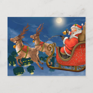 Reindeer Pulling Santa Claus Sleigh   Christmas Holiday Postcard