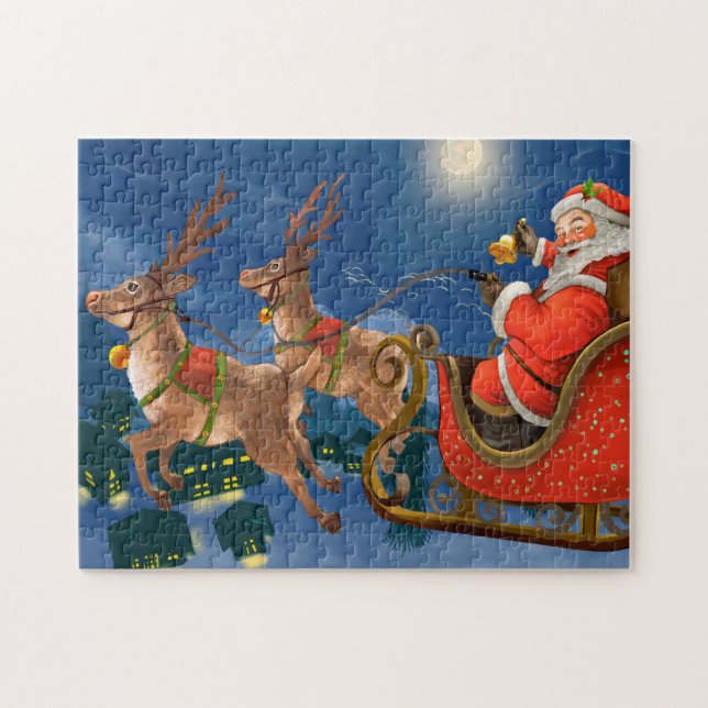 Reindeer Pulling Santa Claus Sleigh | Christmas Jigsaw Puzzle (Horizontal)