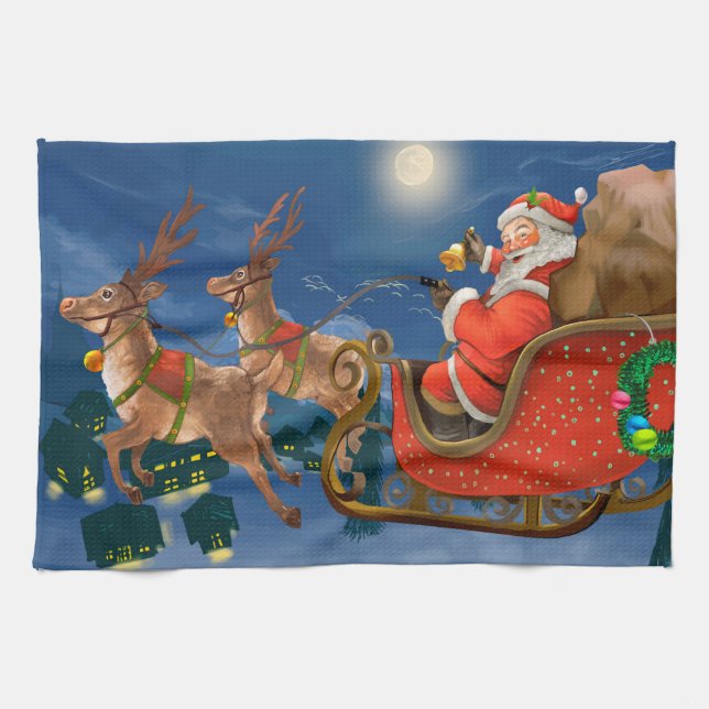Reindeer Pulling Santa Claus Sleigh | Christmas Tea Towel (Horizontal)