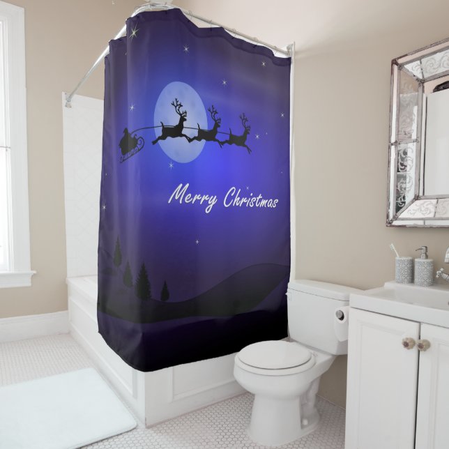 Reindeer pulling Santa's Sleigh Shower Curtain (In Situ)