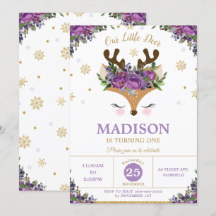 Reindeer Purple Floral Snowflakes Birthday Party Invitation