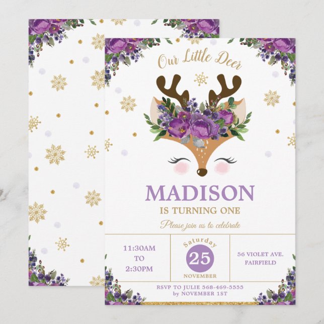 Reindeer Purple Floral Snowflakes Birthday Party Invitation (Front/Back)