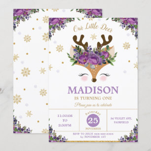 Reindeer Purple Floral Snowflakes Birthday Party Invitation