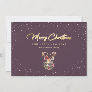 Reindeer Purple Gold Snow Merry Christmas Holiday Card