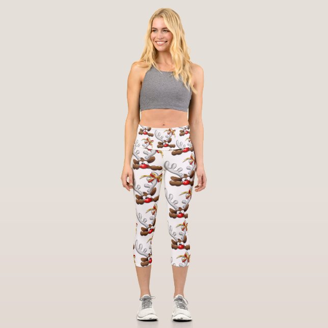Reindeer Puzzled Funny Christmas Character Capri Leggings (Front)