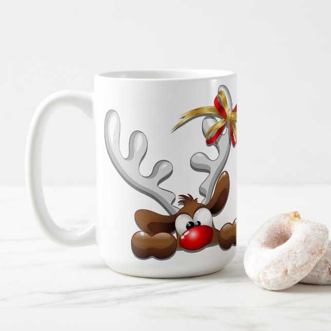 Reindeer Puzzled Funny Christmas Character Coffee Mug (With Donut)