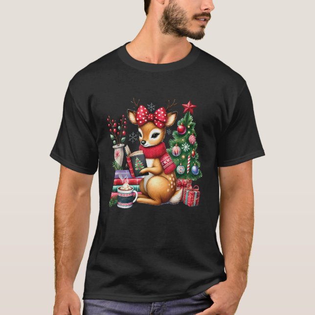 Reindeer Reading Book Lovers Christmas Bookworm Li T-Shirt (Front)